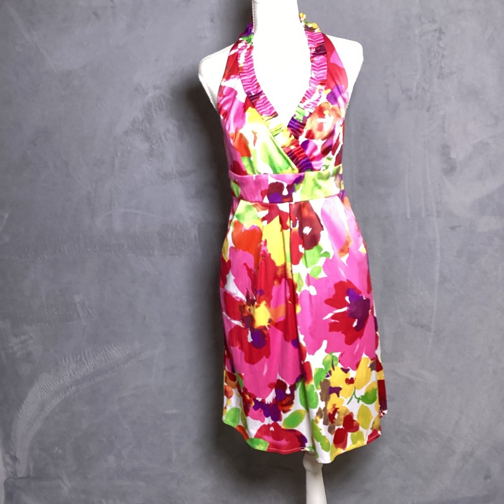 Blu Sage Size 6 Watercolor Floral Halter Dress Pink Bright Summer